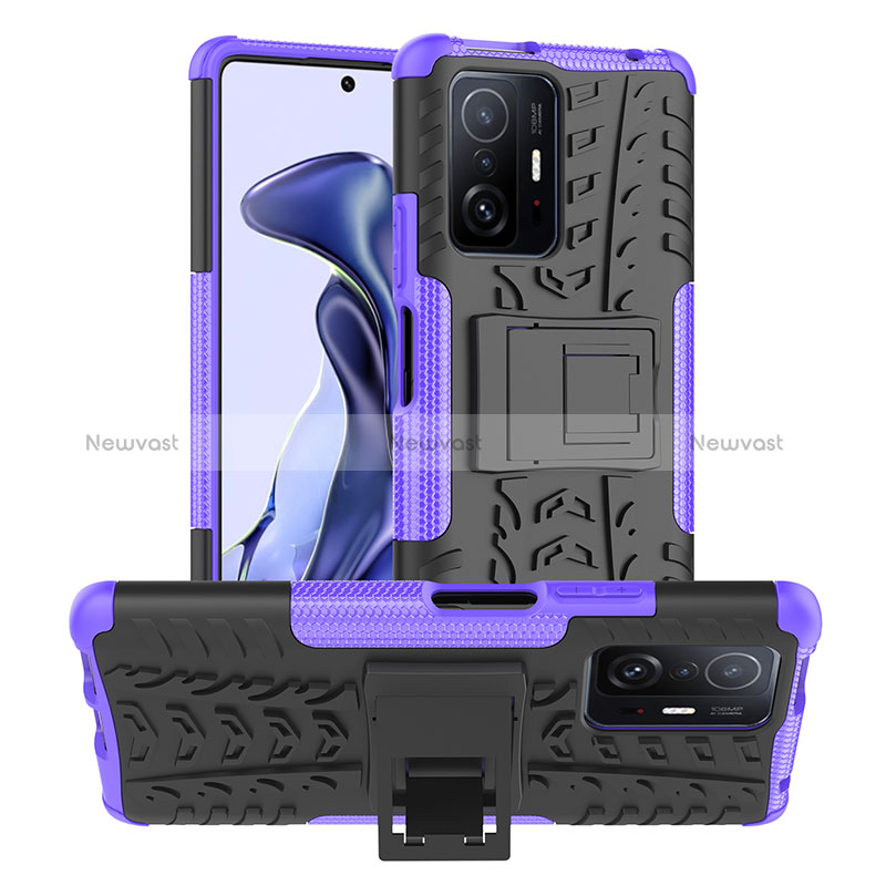 Silicone Matte Finish and Plastic Back Cover Case with Stand JX1 for Xiaomi Mi 11T Pro 5G Purple