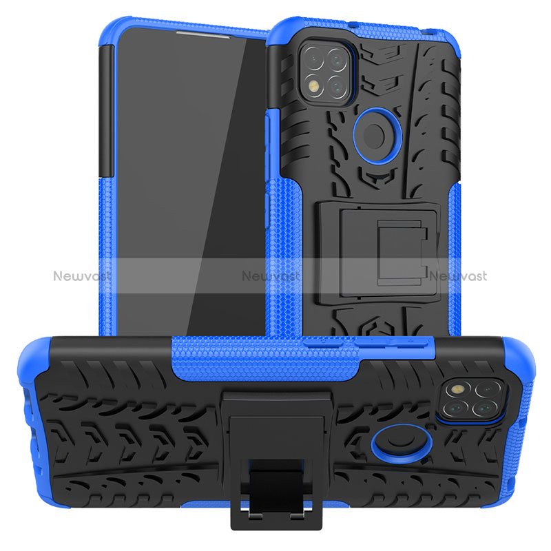 Silicone Matte Finish and Plastic Back Cover Case with Stand JX1 for Xiaomi POCO C3 Blue