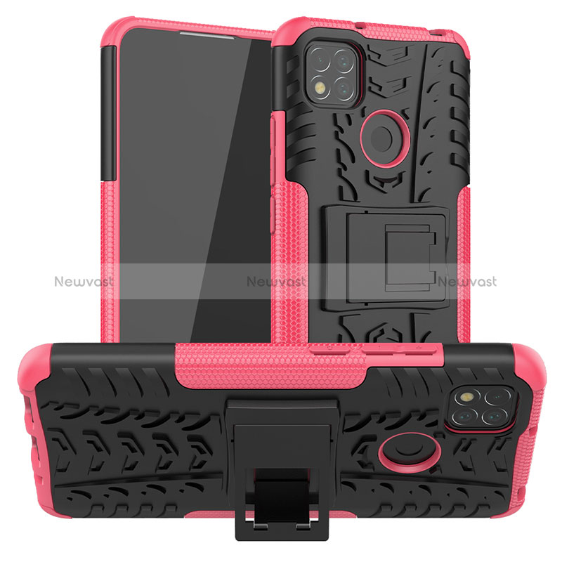 Silicone Matte Finish and Plastic Back Cover Case with Stand JX1 for Xiaomi POCO C3 Hot Pink