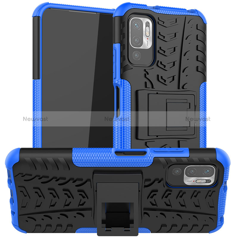 Silicone Matte Finish and Plastic Back Cover Case with Stand JX1 for Xiaomi POCO M3 Pro 5G Blue