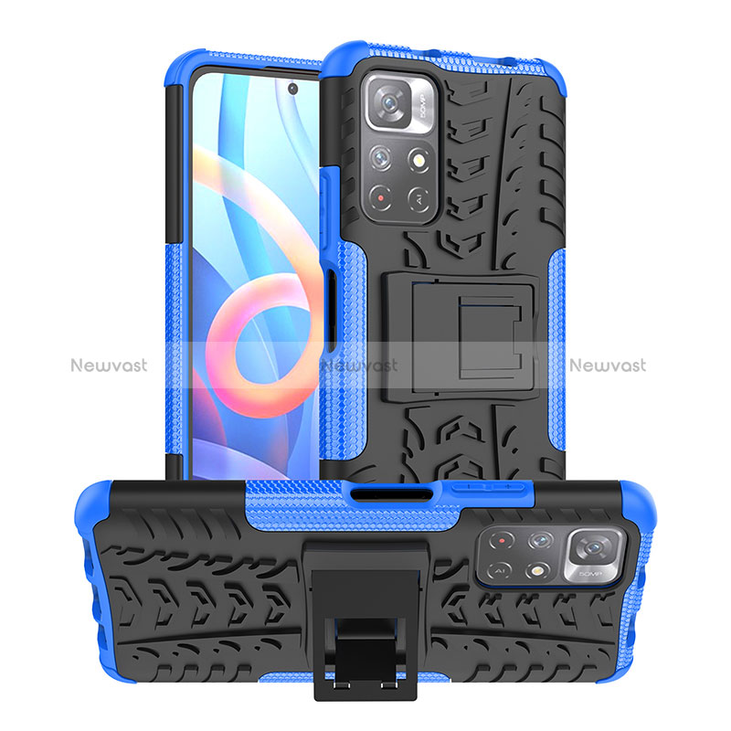 Silicone Matte Finish and Plastic Back Cover Case with Stand JX1 for Xiaomi Poco M4 Pro 5G Blue