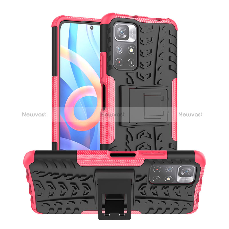 Silicone Matte Finish and Plastic Back Cover Case with Stand JX1 for Xiaomi Poco M4 Pro 5G Hot Pink