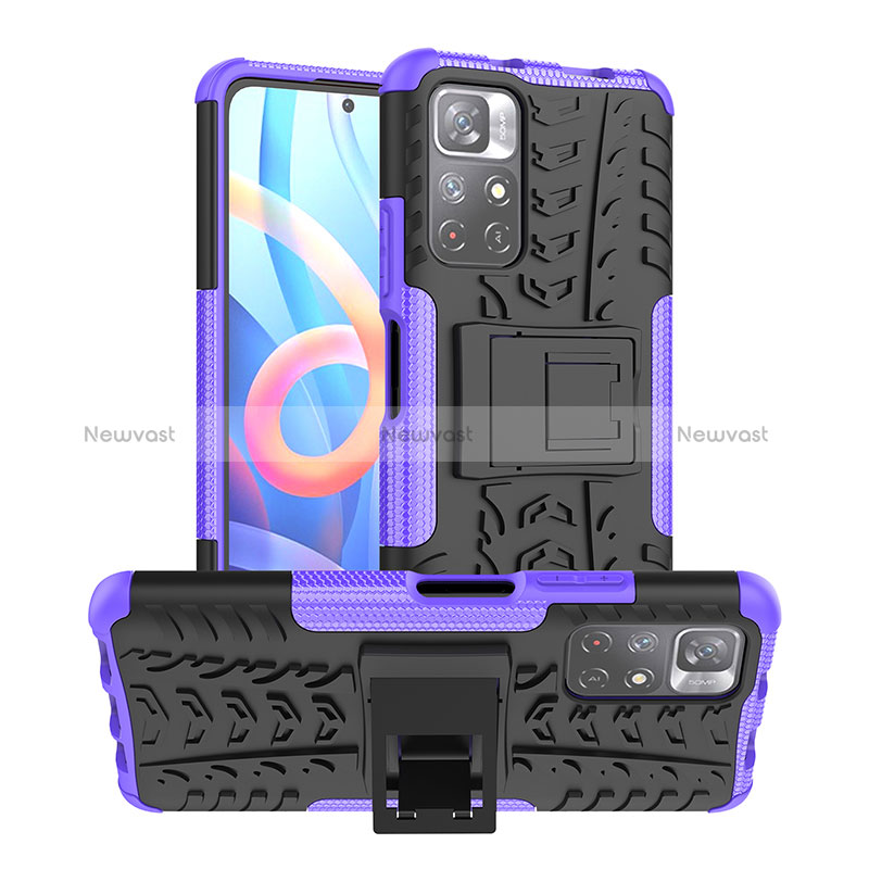 Silicone Matte Finish and Plastic Back Cover Case with Stand JX1 for Xiaomi Poco M4 Pro 5G Purple