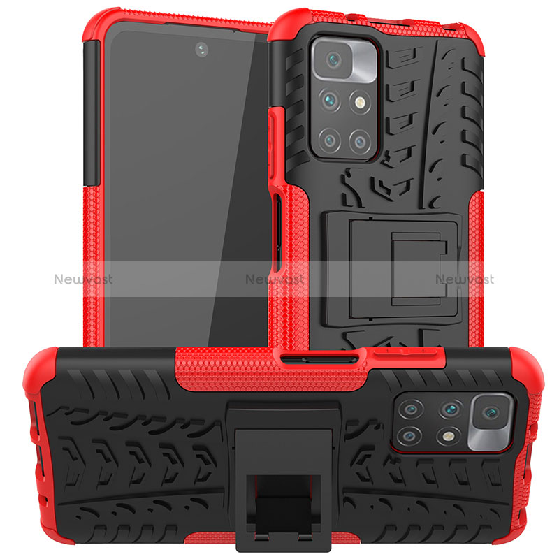 Silicone Matte Finish and Plastic Back Cover Case with Stand JX1 for Xiaomi Redmi 10 4G Red