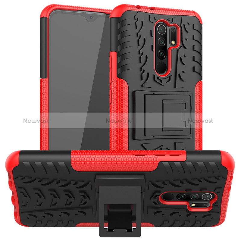 Silicone Matte Finish and Plastic Back Cover Case with Stand JX1 for Xiaomi Redmi 9 Red