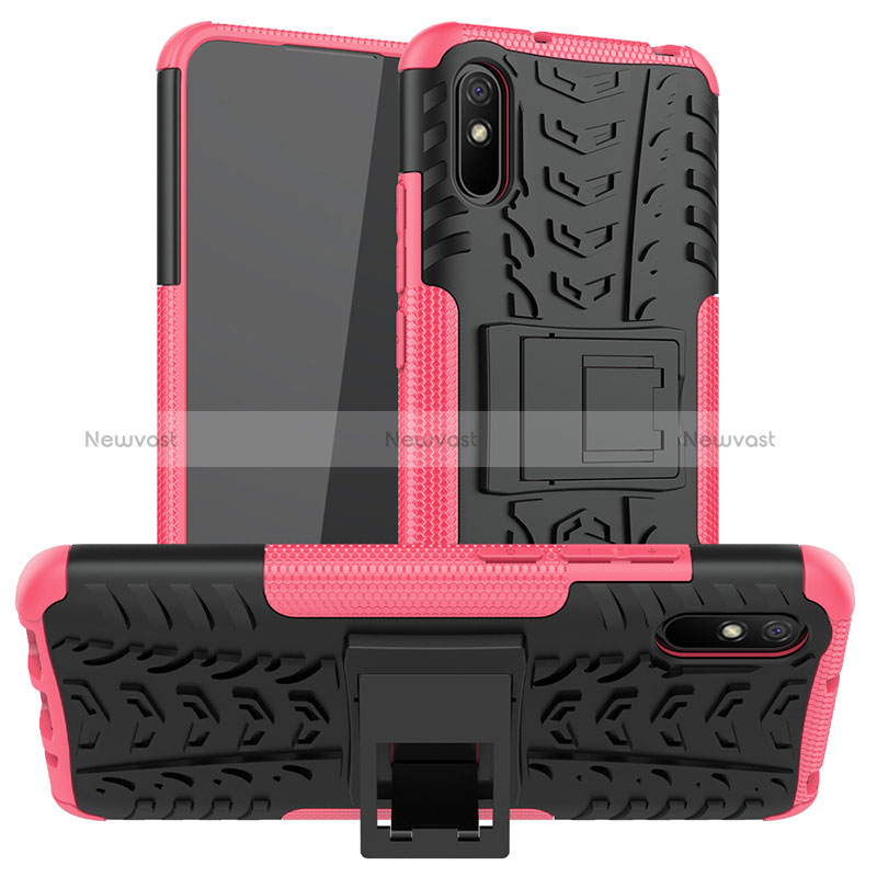 Silicone Matte Finish and Plastic Back Cover Case with Stand JX1 for Xiaomi Redmi 9A Hot Pink