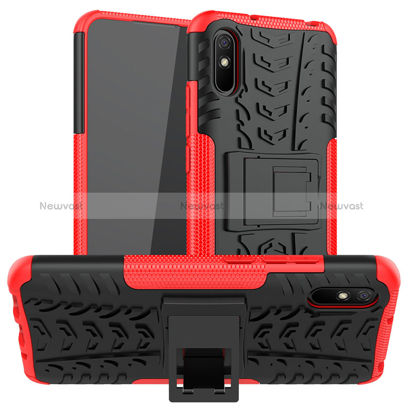 Silicone Matte Finish and Plastic Back Cover Case with Stand JX1 for Xiaomi Redmi 9A Red