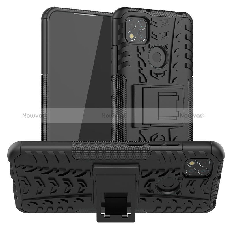 Silicone Matte Finish and Plastic Back Cover Case with Stand JX1 for Xiaomi Redmi 9C NFC Black