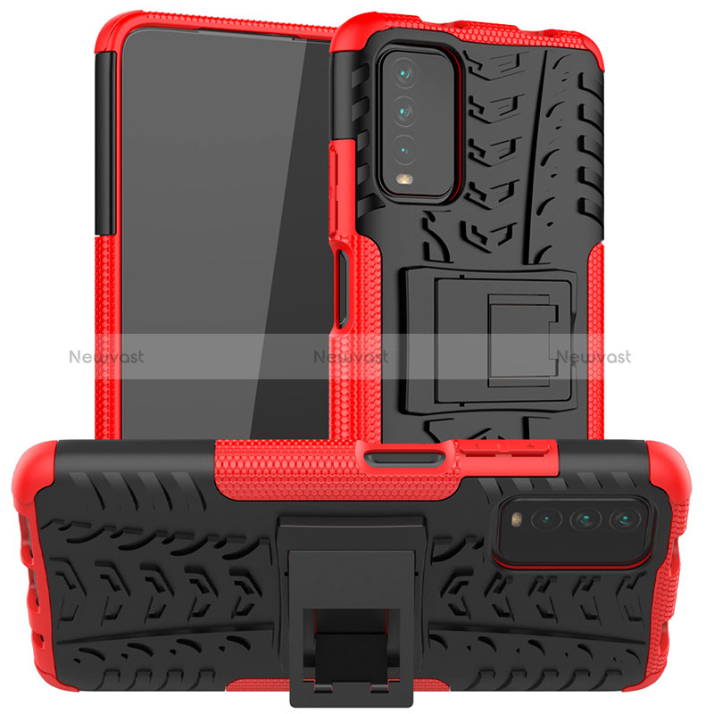 Silicone Matte Finish and Plastic Back Cover Case with Stand JX1 for Xiaomi Redmi 9T 4G Red