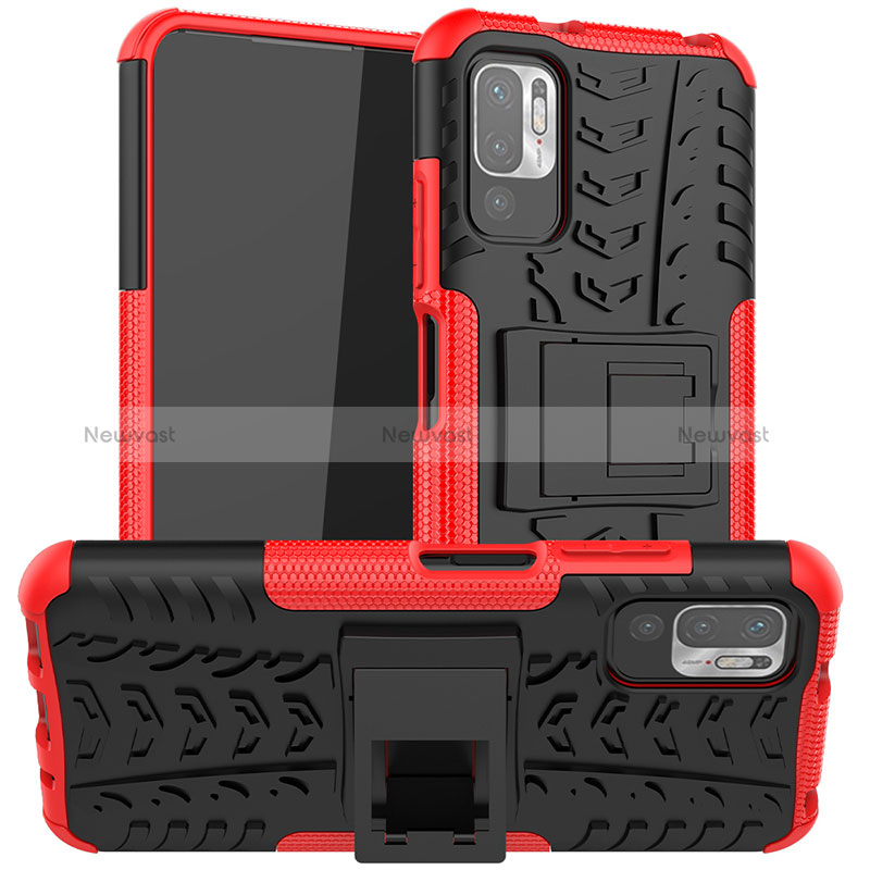 Silicone Matte Finish and Plastic Back Cover Case with Stand JX1 for Xiaomi Redmi Note 10 5G Red
