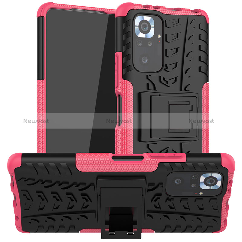 Silicone Matte Finish and Plastic Back Cover Case with Stand JX1 for Xiaomi Redmi Note 10 Pro 4G Hot Pink