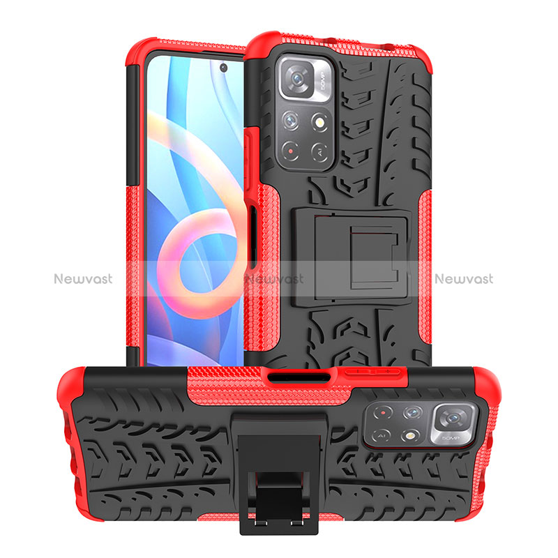 Silicone Matte Finish and Plastic Back Cover Case with Stand JX1 for Xiaomi Redmi Note 11 5G Red