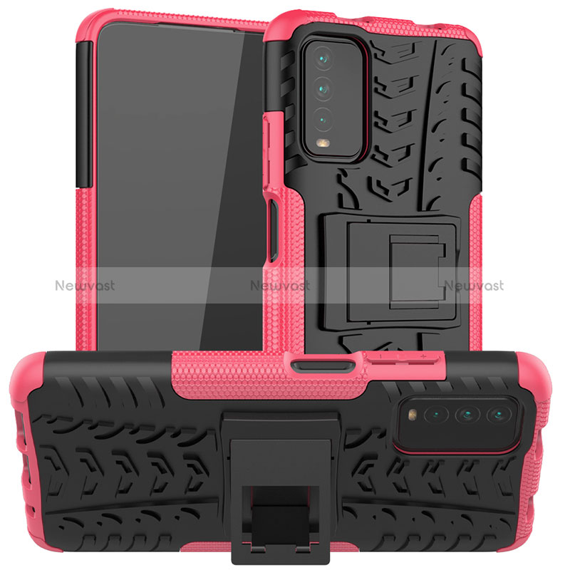 Silicone Matte Finish and Plastic Back Cover Case with Stand JX1 for Xiaomi Redmi Note 9 4G Hot Pink