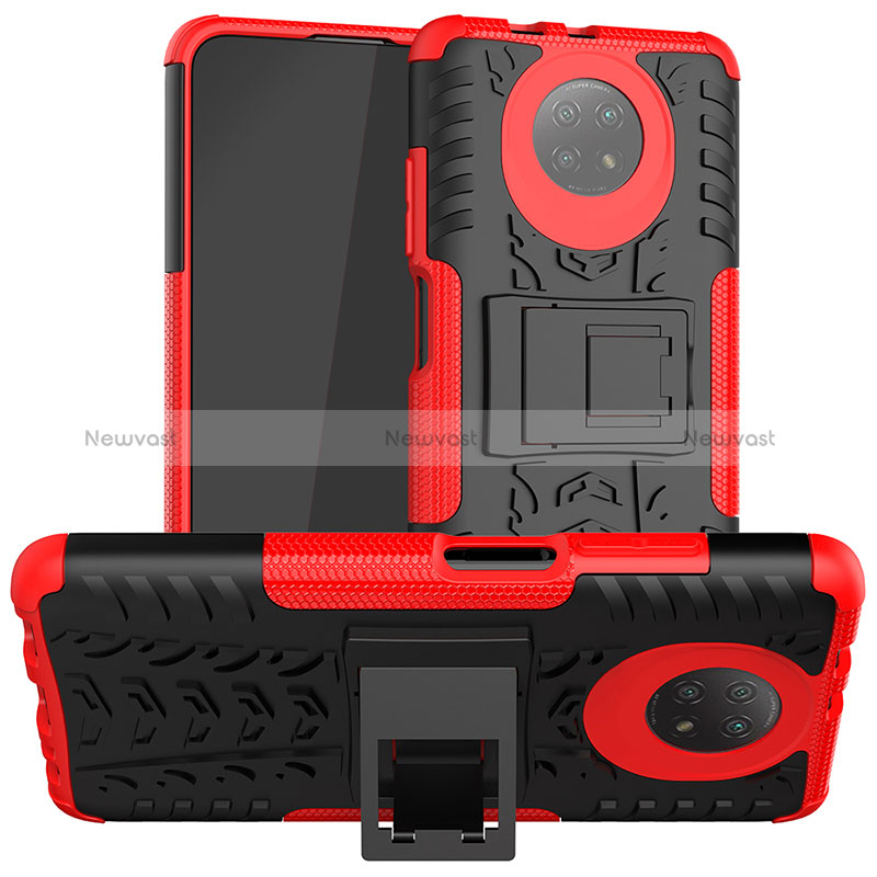 Silicone Matte Finish and Plastic Back Cover Case with Stand JX1 for Xiaomi Redmi Note 9 5G Red