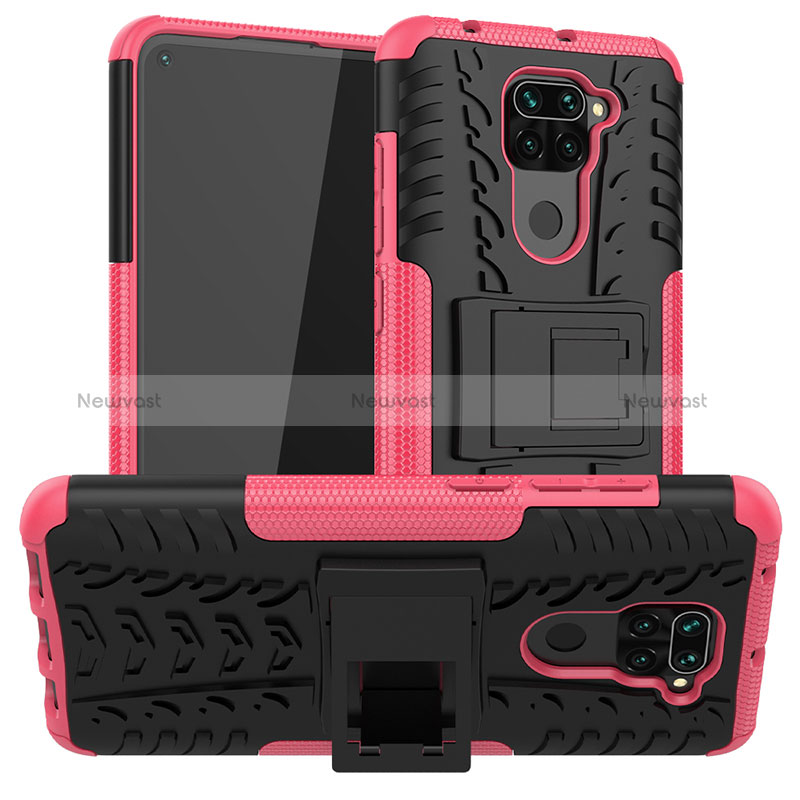 Silicone Matte Finish and Plastic Back Cover Case with Stand JX1 for Xiaomi Redmi Note 9 Hot Pink