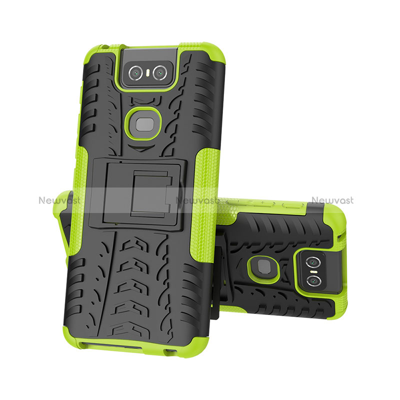 Silicone Matte Finish and Plastic Back Cover Case with Stand JX2 for Asus Zenfone 6 ZS630KL Green