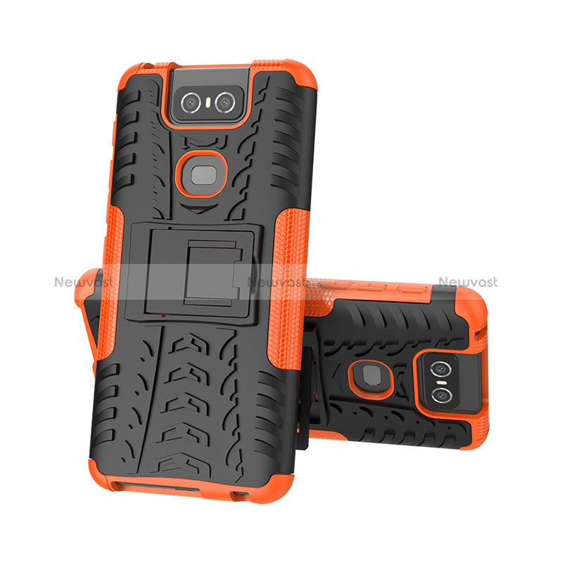 Silicone Matte Finish and Plastic Back Cover Case with Stand JX2 for Asus Zenfone 6 ZS630KL Orange