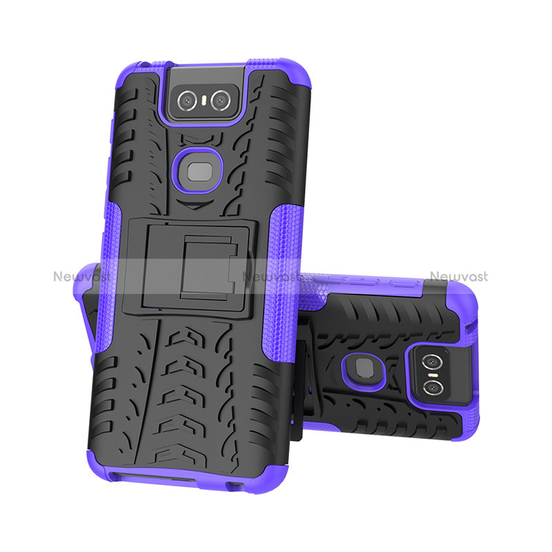 Silicone Matte Finish and Plastic Back Cover Case with Stand JX2 for Asus Zenfone 6 ZS630KL Purple