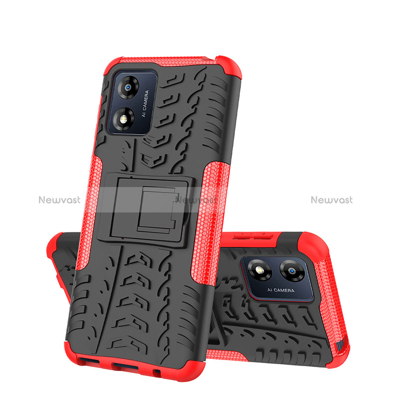 Silicone Matte Finish and Plastic Back Cover Case with Stand JX2 for Motorola Moto E13 Red