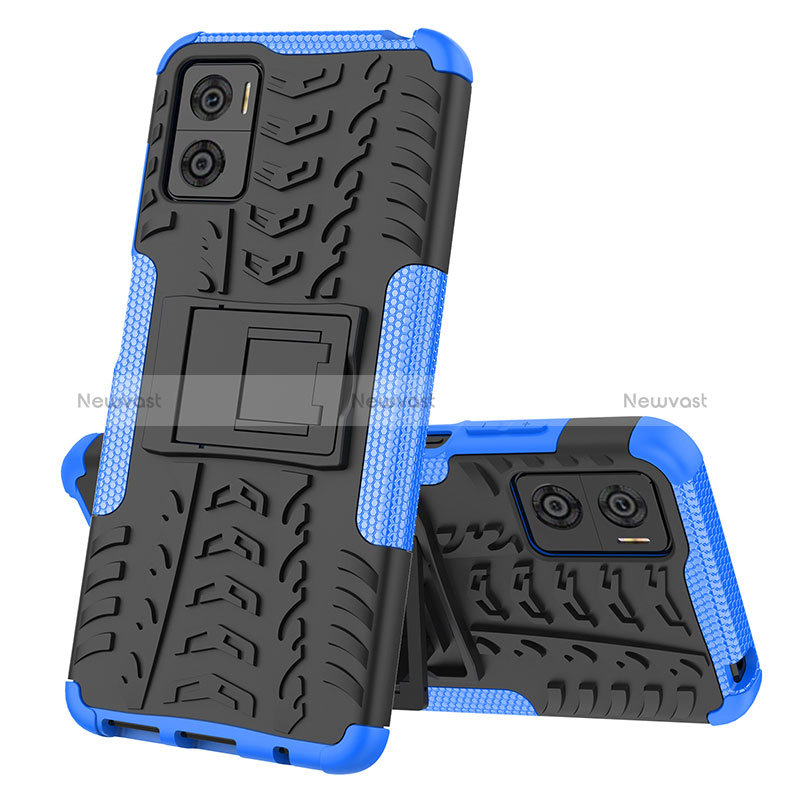 Silicone Matte Finish and Plastic Back Cover Case with Stand JX2 for Motorola Moto E22 Blue