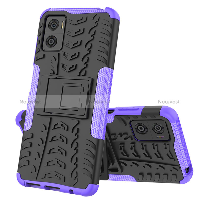 Silicone Matte Finish and Plastic Back Cover Case with Stand JX2 for Motorola Moto E22 Purple