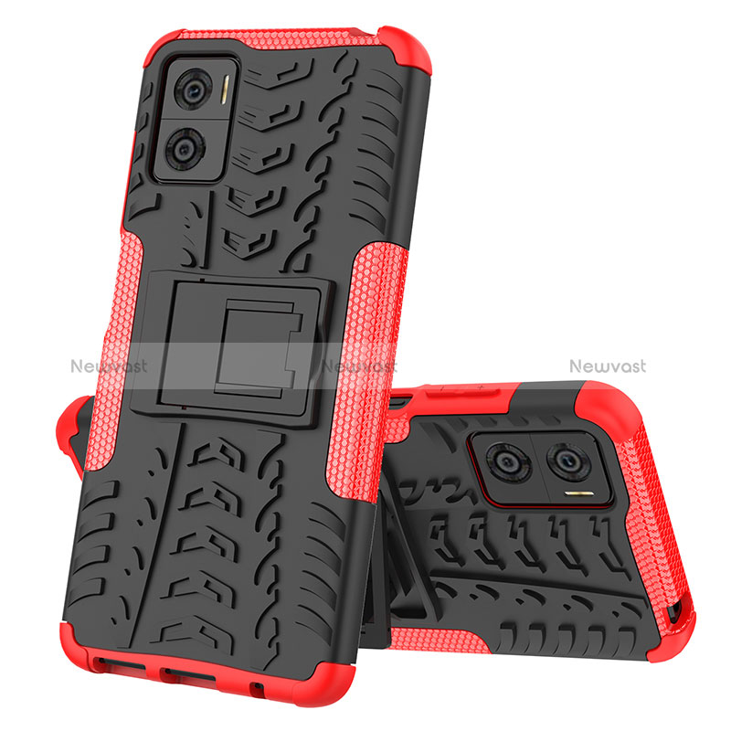 Silicone Matte Finish and Plastic Back Cover Case with Stand JX2 for Motorola Moto E22 Red