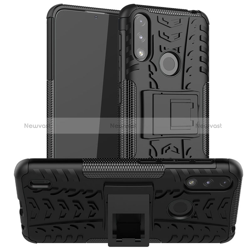 Silicone Matte Finish and Plastic Back Cover Case with Stand JX2 for Motorola Moto E7 Power Black