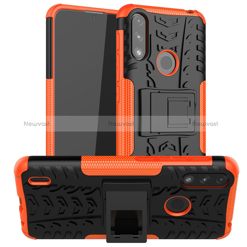 Silicone Matte Finish and Plastic Back Cover Case with Stand JX2 for Motorola Moto E7 Power Orange