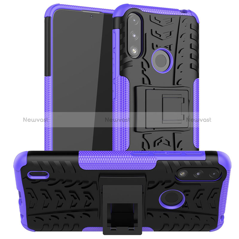 Silicone Matte Finish and Plastic Back Cover Case with Stand JX2 for Motorola Moto E7 Power Purple