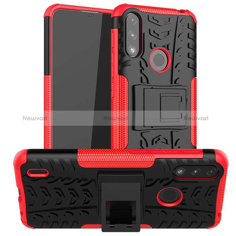 Silicone Matte Finish and Plastic Back Cover Case with Stand JX2 for Motorola Moto E7 Power Red