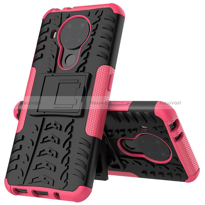 Silicone Matte Finish and Plastic Back Cover Case with Stand JX2 for Nokia 5.4 Hot Pink