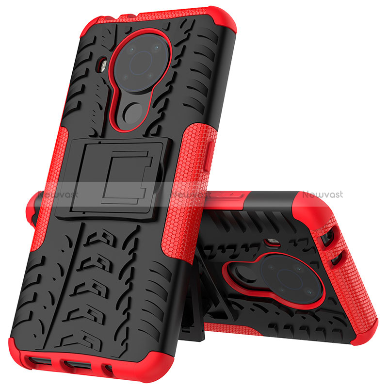 Silicone Matte Finish and Plastic Back Cover Case with Stand JX2 for Nokia 5.4 Red