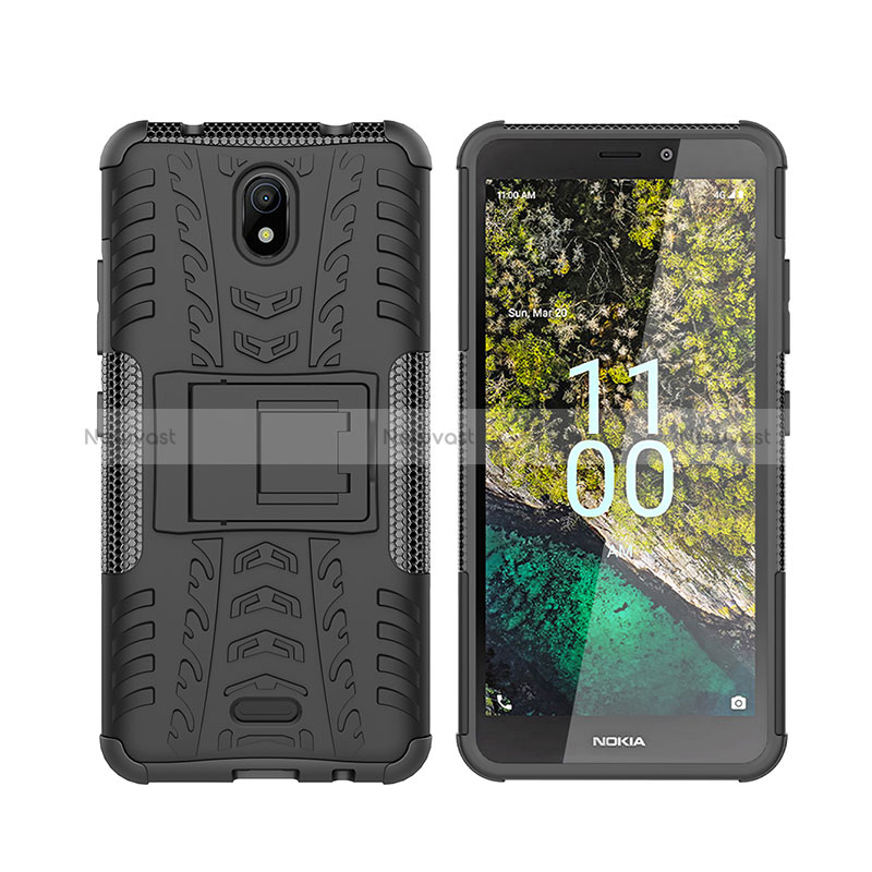 Silicone Matte Finish and Plastic Back Cover Case with Stand JX2 for Nokia C100 Black