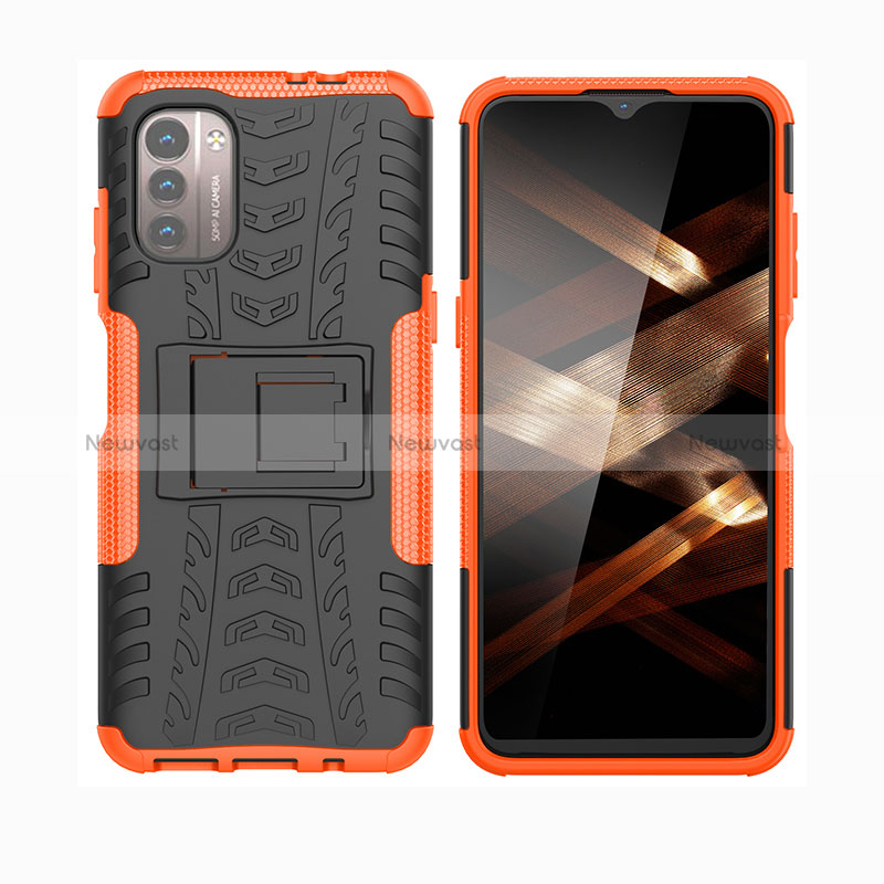 Silicone Matte Finish and Plastic Back Cover Case with Stand JX2 for Nokia G21 Orange