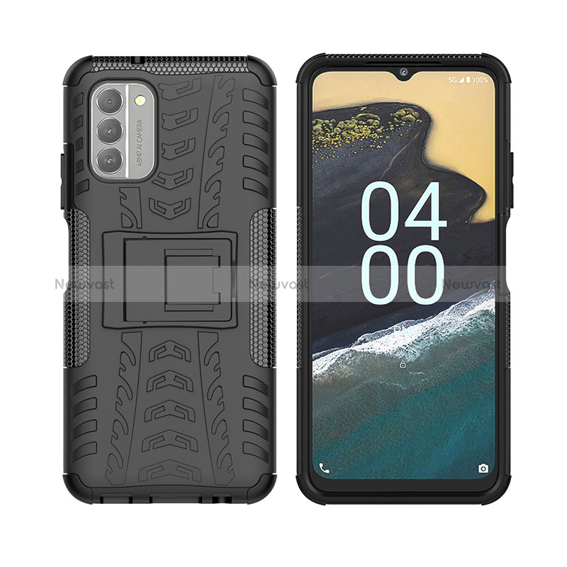 Silicone Matte Finish and Plastic Back Cover Case with Stand JX2 for Nokia G400 5G Black