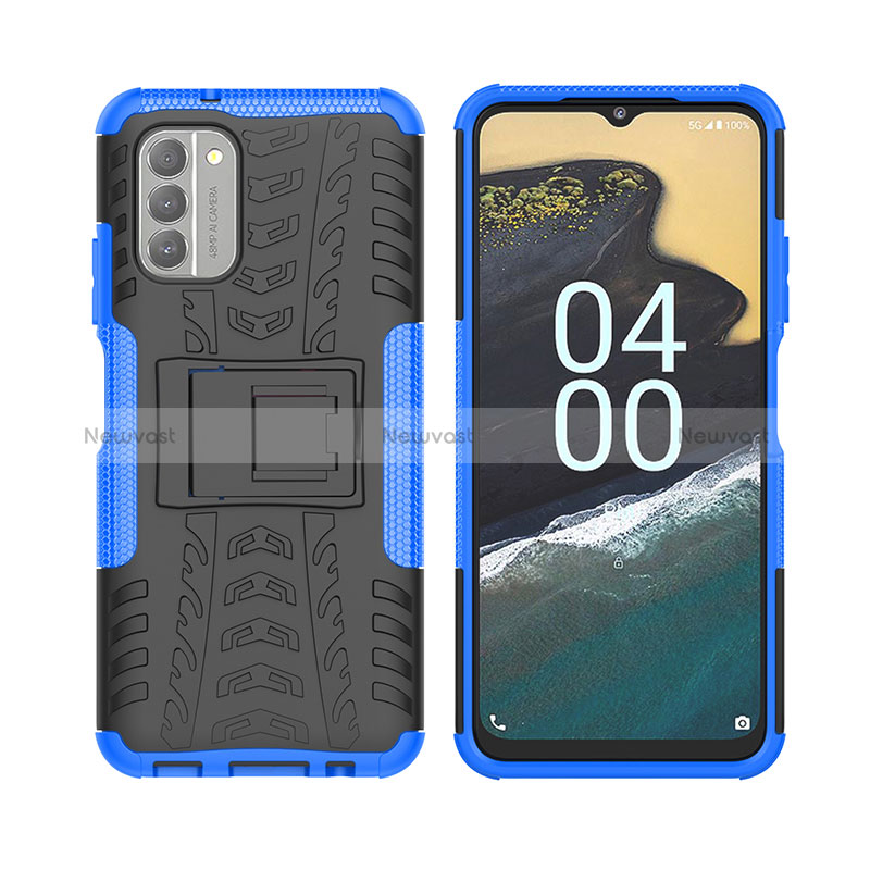 Silicone Matte Finish and Plastic Back Cover Case with Stand JX2 for Nokia G400 5G Blue