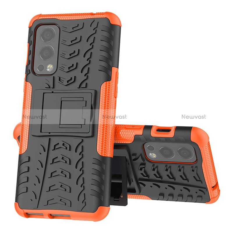 Silicone Matte Finish and Plastic Back Cover Case with Stand JX2 for OnePlus Nord 2 5G Orange