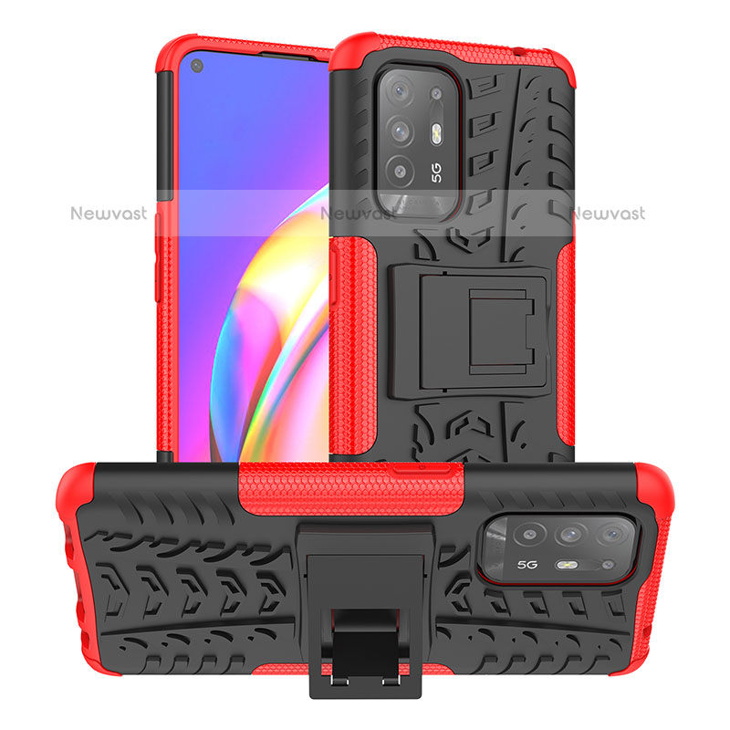 Silicone Matte Finish and Plastic Back Cover Case with Stand JX2 for Oppo F19 Pro+ Plus 5G Red