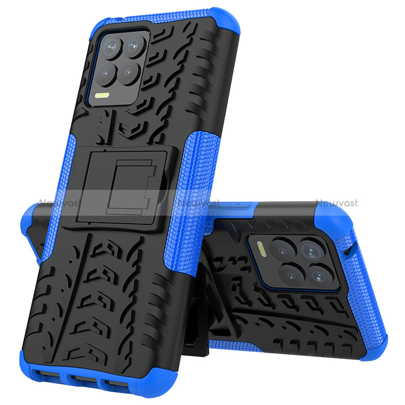 Silicone Matte Finish and Plastic Back Cover Case with Stand JX2 for Realme 8 4G Blue