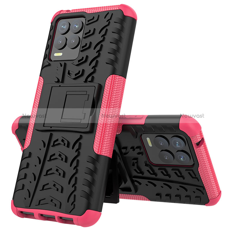 Silicone Matte Finish and Plastic Back Cover Case with Stand JX2 for Realme 8 Pro Hot Pink