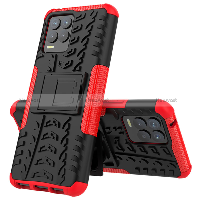 Silicone Matte Finish and Plastic Back Cover Case with Stand JX2 for Realme 8 Pro Red