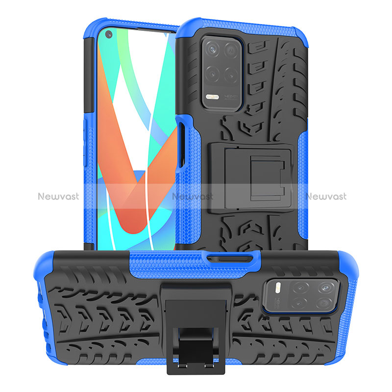 Silicone Matte Finish and Plastic Back Cover Case with Stand JX2 for Realme 8s 5G Blue