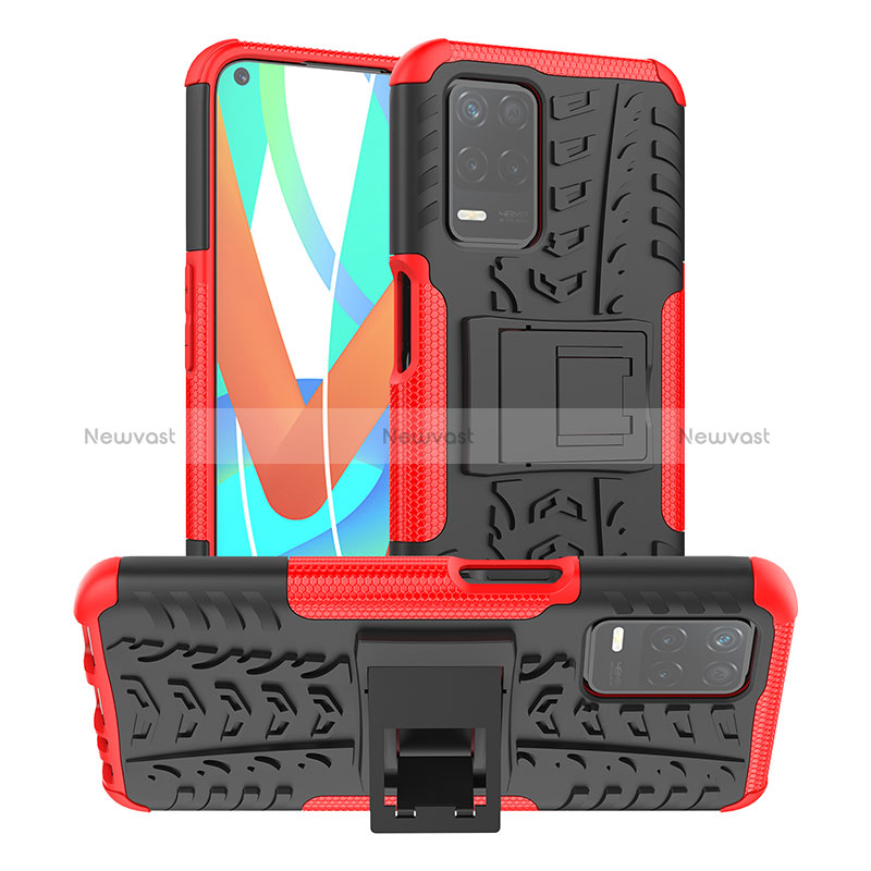 Silicone Matte Finish and Plastic Back Cover Case with Stand JX2 for Realme 8s 5G Red