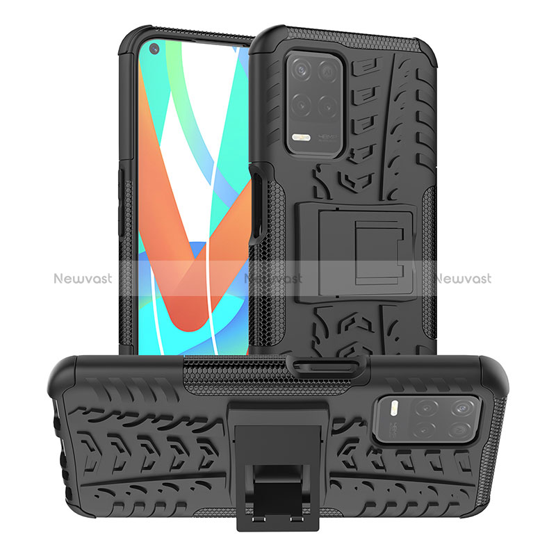 Silicone Matte Finish and Plastic Back Cover Case with Stand JX2 for Realme 9 5G India Black