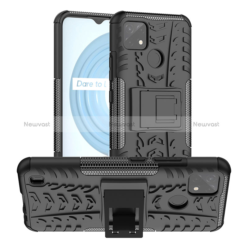 Silicone Matte Finish and Plastic Back Cover Case with Stand JX2 for Realme C21Y Black