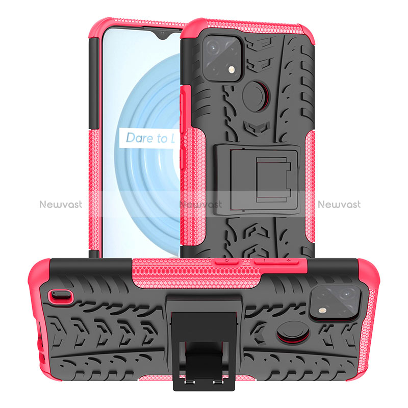 Silicone Matte Finish and Plastic Back Cover Case with Stand JX2 for Realme C21Y Hot Pink