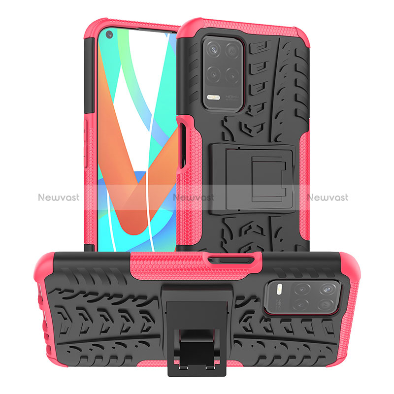 Silicone Matte Finish and Plastic Back Cover Case with Stand JX2 for Realme Q3 5G Hot Pink