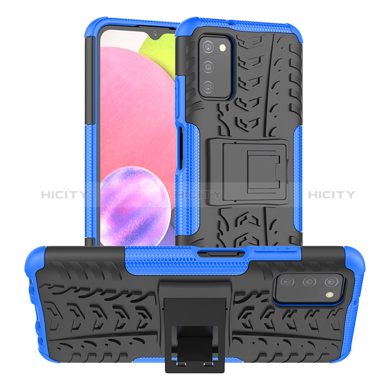 Silicone Matte Finish and Plastic Back Cover Case with Stand JX2 for Samsung Galaxy A03s Blue