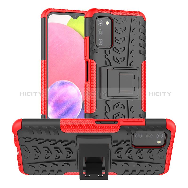 Silicone Matte Finish and Plastic Back Cover Case with Stand JX2 for Samsung Galaxy A03s Red