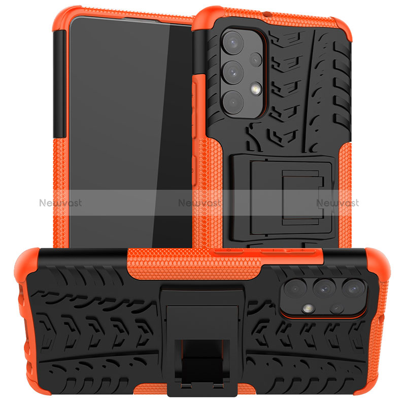 Silicone Matte Finish and Plastic Back Cover Case with Stand JX2 for Samsung Galaxy A32 4G Orange